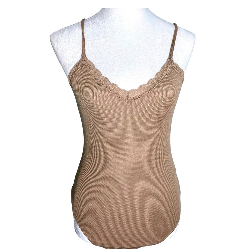 American Eagle Womens Tan Waffle Knit Lace Trim‎ Bodysuit V-Neck Large Brown Tan